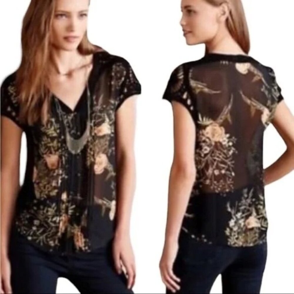 Anthropologie Sheer Black Floral-Print Button Front Blouse